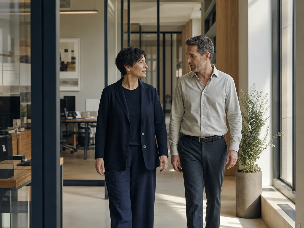 Representative AI-generated scene of two business principals walking through a modern professional workspace