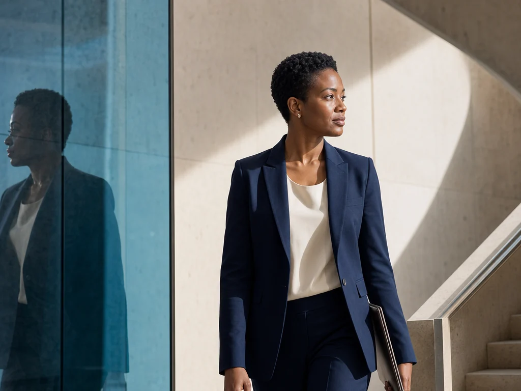 Representative AI-generated scene of an executive walking through a light-filled modern atrium