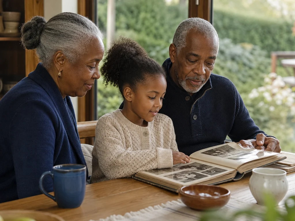 Representative AI-generated scene of grandparents with their grandchild viewing a photo album