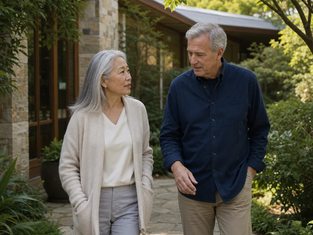 Representative AI-generated scene of an older couple walking in a garden