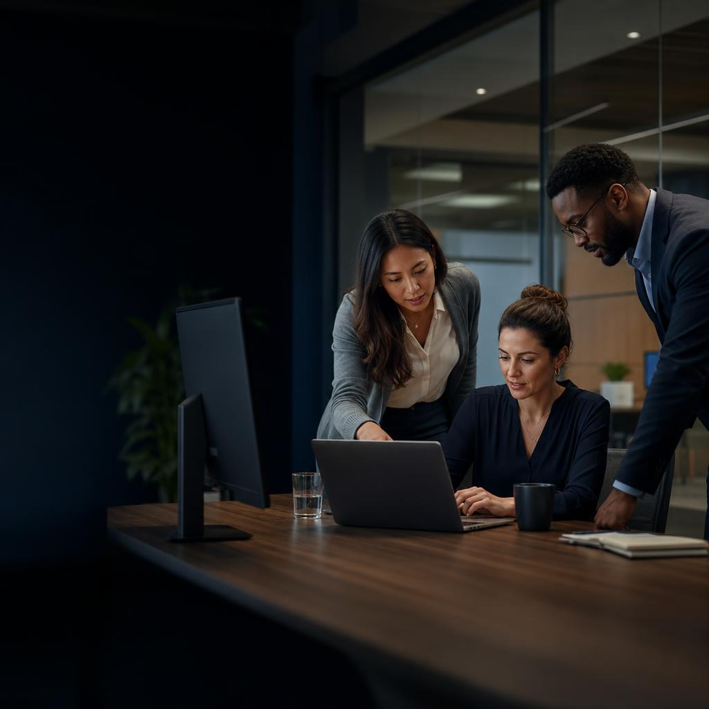 Platform team collaborating around a laptop in a modern office