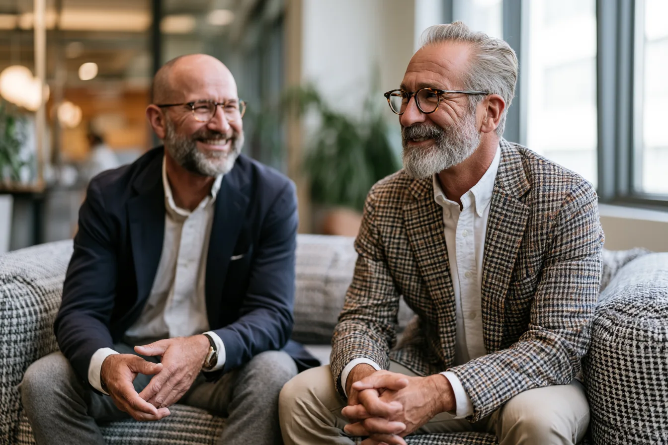 Team members in conversation in the office lounge
